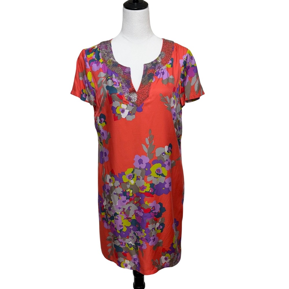 Boden Dress 10 Orange Floral Silk Blend Embellished Shift Mini Zip Short Sleeve